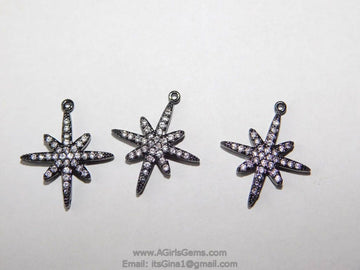 Black Star Charm, CZ Micro Pave Pendants, Dainty Small Starburst Black Rhodium Plated Cubic Zirconia Star Charms